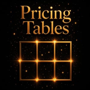 May include: A graphic design featuring the gold text Pricing Tables above a gold grid of six rectangular cells. The entire composition is set against a dark black background filled with small, glowing gold star-like light particles.
