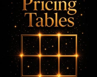 Puede incluir: Un diseño gráfico que presenta el texto dorado Pricing Tables sobre una cuadrícula dorada de seis celdas rectangulares. La composición está sobre un fondo negro oscuro lleno de pequeñas partículas de luz dorada brillante.