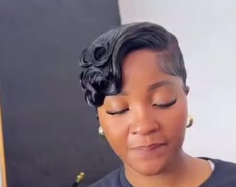 Short Finger Wave Wig | Vintage Pixie Cut Wig | Black Wavy Bob Wig | Ready to Wear | Natural Looking | 1920s Retro Style