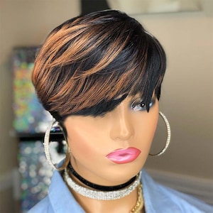 Ready-to-Wear Pixie Cut Wig | Brown Highlight | 100% Human Hair | Natural Short Wig | Glueless Cap | Professional Styling | Brpwn Highlights