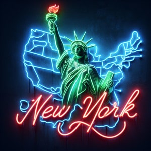Kaart van New York en Vrijheidsbeeld neon PNG-bundel, 300 dpi, 5 ontwerpen.