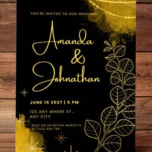 Elegant Black & Gold Wedding Invitation Template - Printable Instant Download