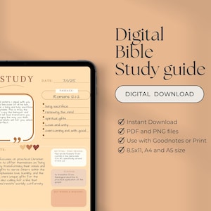 May include: Digital Bible Study guide with the text "Digital Download." The guide includes sections for passage, main points, and key words. The guide is available in PDF and PNG files and is sized for 8.5x11, A4, and A5 paper.