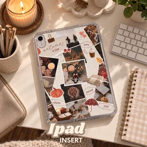 May include: A clear tablet case featuring a collage of autumn-themed imagery, including a pumpkin, a coffee cup, a plaid blanket, and an umbrella. The design includes text elements such as autumn vibe, love, mood, style, and life in a script font.