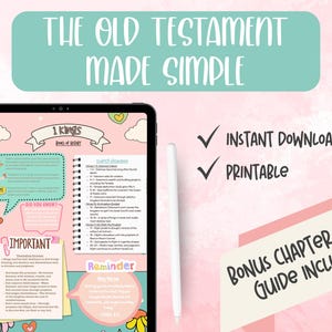 Może przedstawiać: Cyfrowe pobieranie zatytułowane "The Old Testament Made Simple" z różowym i turkusowym schematem kolorów. Obraz przedstawia tablet wyświetlający przewodnik po nauce do Księgi 1 Królewskiej, z tekstem "Natychmiastowe pobieranie" i "Do druku". Dołączony jest dodatkowy przewodnik po nauce rozdziałów.