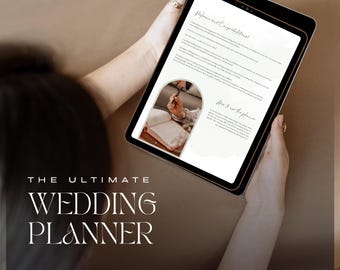 May include: A tablet displaying a wedding planner guide, held by a person. The screen shows text with the headings "Welcome and Congratulations!" and "How to use this planner." The title "THE ULTIMATE WEDDING PLANNER" is displayed in elegant white font at the bottom.