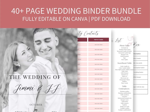Wedding Binder Template 40+ Pages for Bride, Canva, Printable Editable Template, Wedding Planner Digital Download