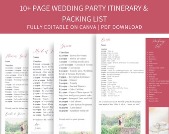 Wedding Party Itinerary and Packing Lists Template 10+ Pages for Bride, Canva, Printable Editable Template, Wedding Planner Digital Download