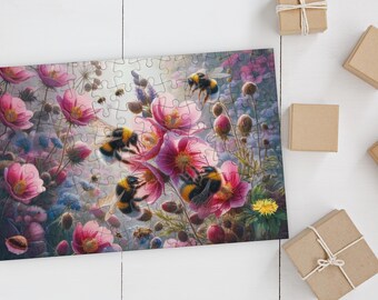 Bumble Bees and Pink Flowers Jigsaw Puzzle - Nature Art
