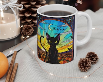Black Cat Halloween Coffee Mug: Witchy Stained Glass Sunset Drinkware