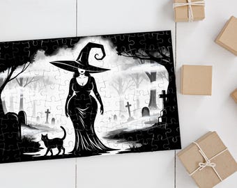 Witchy Vibes Jigsaw Puzzle: Curvy Witch & Cat Familiar Art
