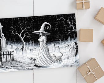 Spooky Witch Puzzle: Halloween Cemetery Art, Gothic Gift