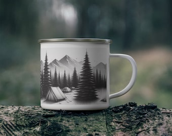 Enamel Camping Mug – Forest Mountain Campsite Pencil Drawing