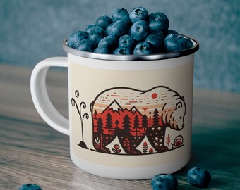 Bear Wilderness Enamel Mug - Outdoor Adventure Cup / Retro Campfire Cup / 12 oz Stainless Steel / Lead/BPA Free / IndoorOutdoor /Sustainable