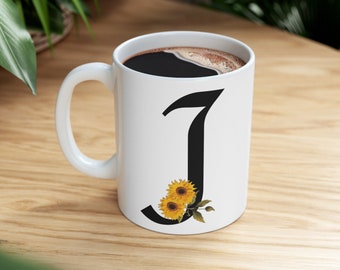 Sunflower Initial "J" Coffee Mug - Durable Ceramic 11oz