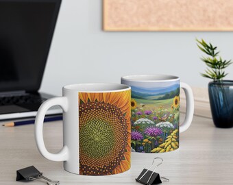 Sunflower Ceramic Mug - 11oz/Elderflower/Herbal/Cute/Coffee lover's/Tea Lover's/Unique/Durable/Dishwasher-safe/Microwave-safe