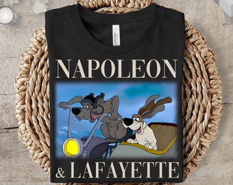 May include: Black t-shirt with a graphic of two cartoon dogs riding a motorcycle. The text "Napoleon & Lafayette" is printed below the image.
