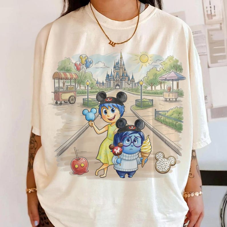 Joy and Sadness Disneyland Snack Shirt, Disney Inside Out Foodie Outfit, Disney Park Ice Cream Tee, Joy Sadness Magic Kingdom Castle T-Shirt image 3