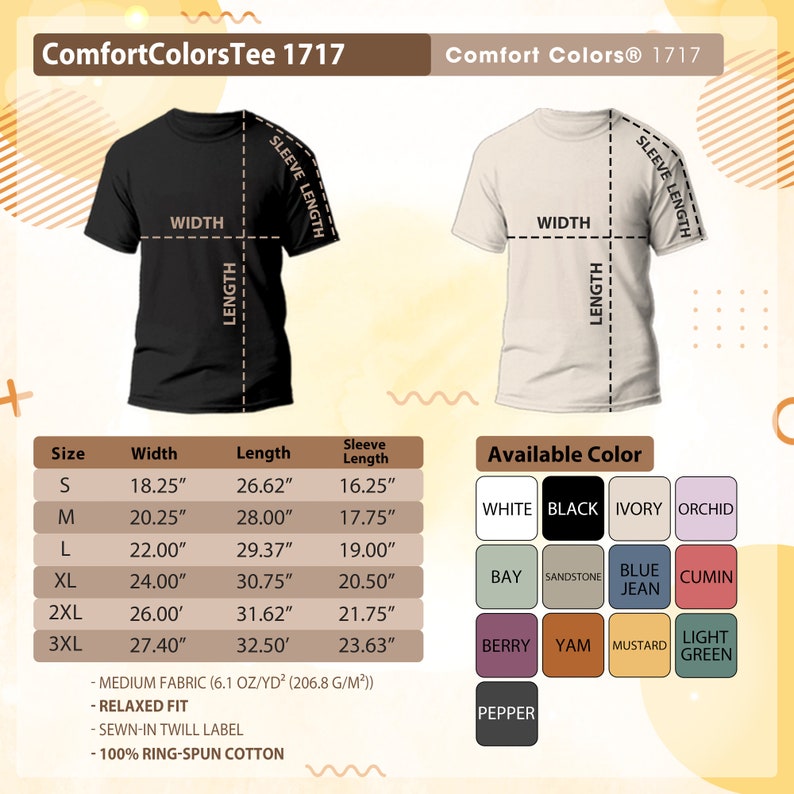 May include: A size chart for a t-shirt with measurements in inches. The chart shows the width, length, and sleeve length for sizes S through 3XL. The available colours are white, black, ivory, orchid, bay, sandstone, blue jean, cumin, berry, yam, mustard, light green, and pepper.