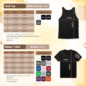 Może przedstawiać: Szczeg&oacute;łowe informacje o produktach dla koszulek bez rękaw&oacute;w Bella+Canvas i koszulek Gildan, w tym tabele rozmiar&oacute;w z wymiarami w calach (odpowiednik w cm), dostępnych kolorach i szczeg&oacute;łach materiału. Rozmiary koszulek bez rękaw&oacute;w wahają się od XS do 2XL, a koszulek od S do 5XL.