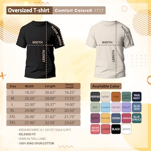 May include: An image showcasing two oversized t-shirts, one black and one ivory, with size and color options. The shirts have measurements for width, length, and sleeve length in inches. Available colors include pepper, ivory, yam, light green, and true navy.