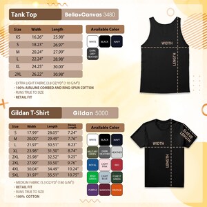 May include: Product details for tank tops and t-shirts are displayed. The tank top sizes range from XS to 2XL, with widths from 16.26 inches to 26.22 inches and lengths from 25.98 inches to 30.98 inches. T-shirt sizes range from S to 5XL.