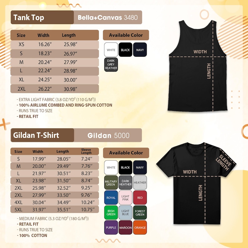 May include: Product details for tank tops and t-shirts are displayed. The tank top sizes range from XS to 2XL, with widths from 16.26 inches to 26.22 inches and lengths from 25.98 inches to 30.98 inches. T-shirt sizes range from S to 5XL.