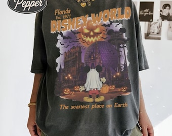 Camiseta vintage de Disney World "El lugar más aterrador de la Tierra", camiseta de Halloween de Mickey Ghost, estilo retro de Florida, fundada en 1971.
