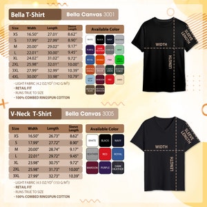 May include: A black Bella Canvas 3001 t-shirt with a crew neck and short sleeves. The t-shirt is available in a variety of colours, including white, black, navy, heather, purple, dark heather, charcoal, mint, royal, orange, pink, irish green, heather orange, heather mauve, forest green, heather forest, light blue, maroon, red, sand, heather olive, and heather maroon. The t-shirt is made of 100% combed ringspun cotton and is available in sizes XS-4XL.