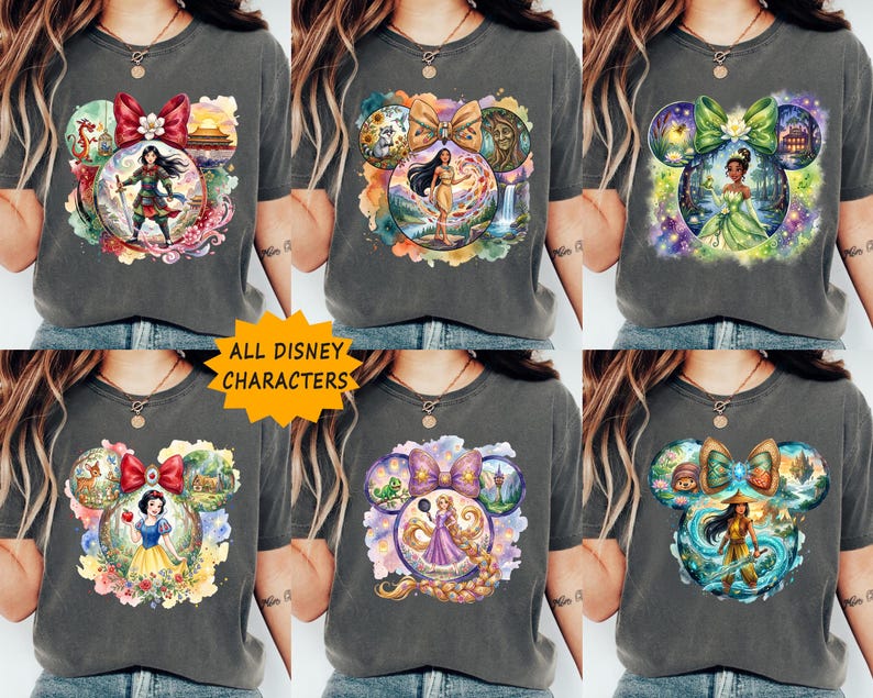 May include: Grey t-shirts with Disney character designs in a Mickey Mouse head shape. Each design features a different princess, with the text "ALL DISNEY CHARACTERS" in a yellow starburst.