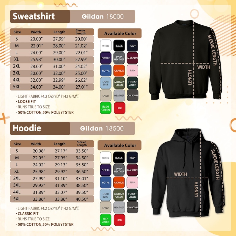 May include: Image displays size charts for Gildan 18000 sweatshirts and Gildan 18500 hoodies. Charts show measurements in inches for width, length, and sleeve length, along with available colors like black, navy, and purple.