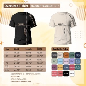 May include: Two oversized t-shirts, one black and one ivory, with size and color charts. The shirts have measurements for width, length, and sleeve length. Available colors include pepper, ivory, yam, light green, and true navy.