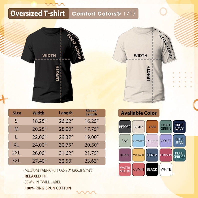 May include: Two oversized t-shirts, one black and one ivory, with size and color charts. The shirts have measurements for width, length, and sleeve length. Available colors include pepper, ivory, yam, light green, and true navy.