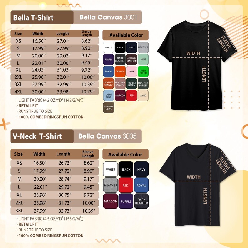 May include: Detailed product information for Bella Canvas T-shirts and V-neck T-shirts. Includes size charts with measurements in inches for width, length, and sleeve length. Color options are displayed. Fabric details and retail fit information are also provided.
