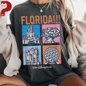 May include: Dark gray sweatshirt with the word "FLORIDA!!!" above four colorful squares. Each square features a different image: a castle, a tree, a building, and a geometric sphere. The words "Walt Disney World" are printed below the squares.
