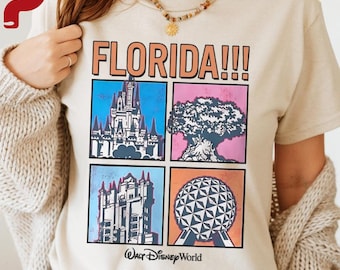 Vintage Disney World Florida Four Parks Tshirt, Epcot Castle Tower Tree Icons Shirt, Magic Kingdom Tee, WDW Family Matching Trip Shirt 2025