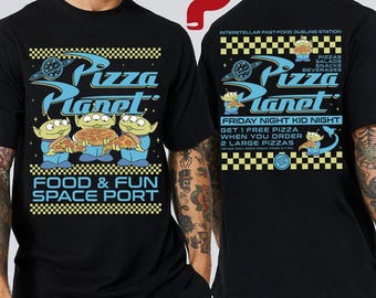 2 sided Toy Story Pizza Planet T-Shirt - Toy Story Alien Shirt - Vintage Style Tee with Aliens & Neon Colors - Disney Family Vacation Tee