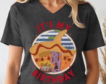 May include: A charcoal gray V-neck t-shirt featuring a graphic print of a purple character wearing a large tan sombrero. The design includes a circular background with blue stripes and orange borders, confetti, and the red text IT'S MY BIRTHDAY.