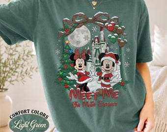 Meet Me On Main Street Mickey Minnie Christmas Shirt, Vintage Mickey Minnie Castle Xmas Holiday Tee, Disney Mouse Santa Claus Top