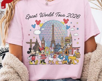 Epcot World Tour 2026 T-Shirt, Mickey Minnie Friends Epcot Shirt, Spaceship Earth World Showcase Park Outfit, Disney Park Tee