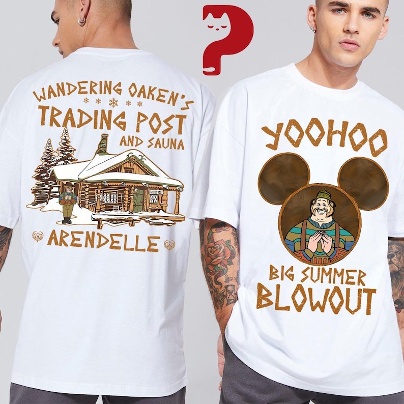 May include: White t-shirts with graphic designs. One shirt features a cabin illustration with text "Wandering Oaken's Trading Post and Sauna Arendelle". The other shirt has a character illustration with text "Yoohoo Big Summer Blowout".