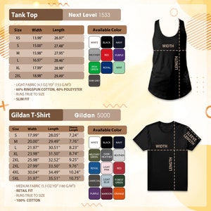 May include: Two different styles of black t-shirts with size charts and colour options. The tank top is labelled "Next Level 1533" and the t-shirt is labelled "Gildan 5000".