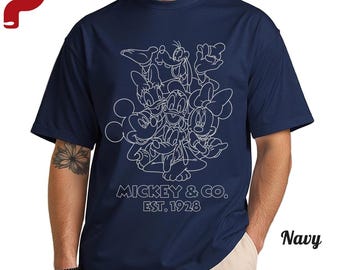 Mickey & Co Est 1928 Outline Shirt, Minimal One Line Mickey Minnie Donald Pluto Tee, Classic Disney Character Sketch T-shirt