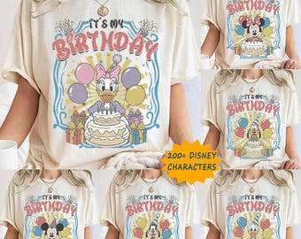 Retro Its My Birthday Disney Characters Shirt, Mickey Minnie Donald with Sunburst Balloon Cake, Disney Celebration T-Shirt