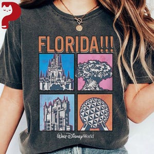 May include: Dark gray t-shirt with the word "FLORIDA!!!" in orange block letters. The shirt features four square images: a castle, a tree, a building, and a geometric sphere. The words "Walt Disney World" are printed below.
