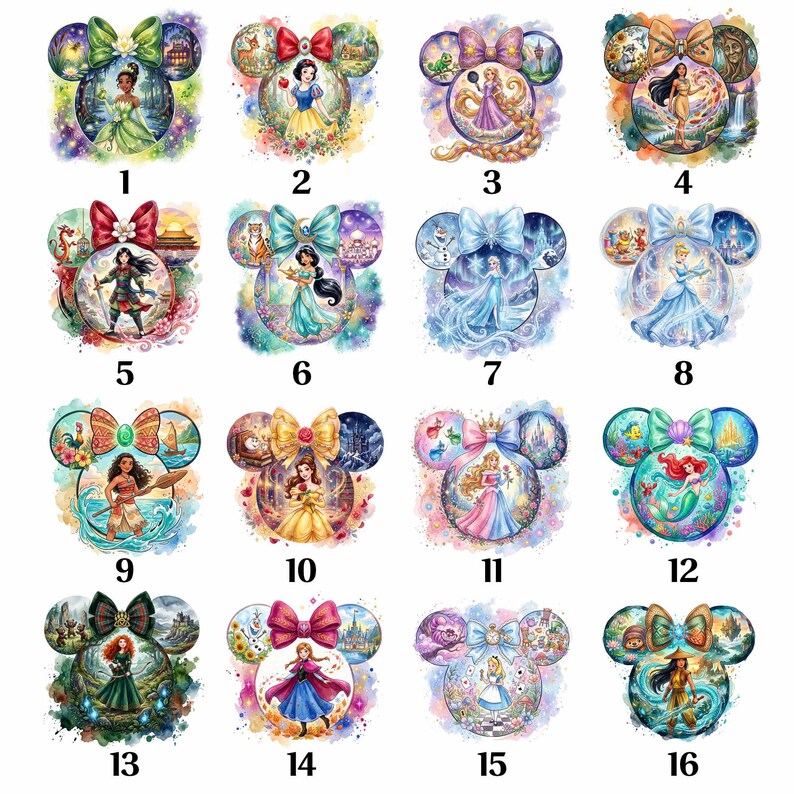 May include: Sixteen Mickey Mouse-shaped ornaments, each depicting a different Disney princess. The ornaments are in a watercolour style, with vibrant colours and detailed illustrations of characters such as Ariel, Cinderella, and Snow White.