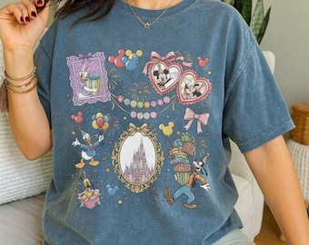 Camiseta vintage de Mickey Friends con mensaje "Feliz cumpleaños", camiseta con medallón de corazón de Mickey Minne y camiseta con globos de fuegos artificiales del castillo de Disney.
