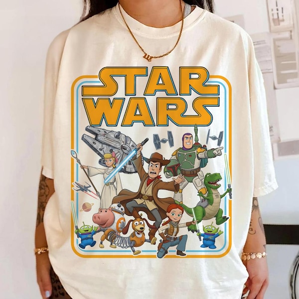 Vintage Star Wars Toy Story Mashup Galaxy T-shirt, Frame Woody Buzz Lightyear Jessie Rex Parody Tee, Star Wars Day Outfits