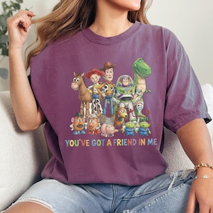 May include: A maroon t-shirt featuring a colorful graphic of characters from the animated film Toy Story. The phrase "YOU'VE GOT A FRIEND IN ME" is printed in rainbow colors below the characters. The shirt has short sleeves.