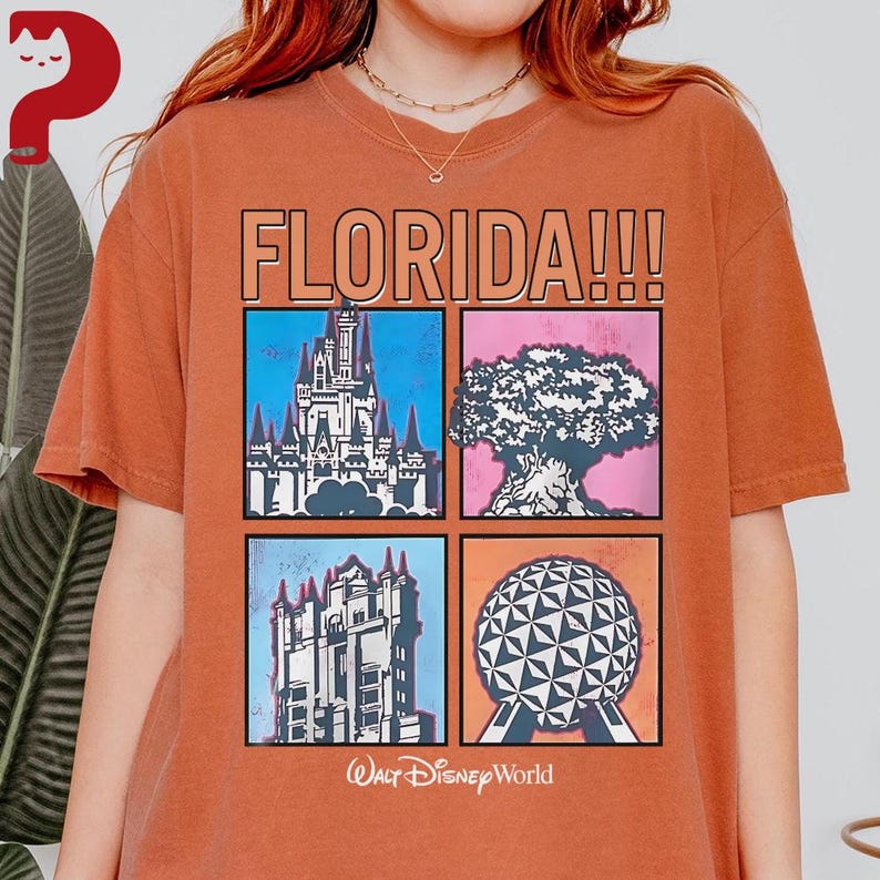 May include: Burnt orange t-shirt with a graphic design featuring the word "FLORIDA!!!" above four squares. The squares contain illustrations of a castle, a tree, a building, and a sphere. The words "Walt Disney World" are at the bottom.